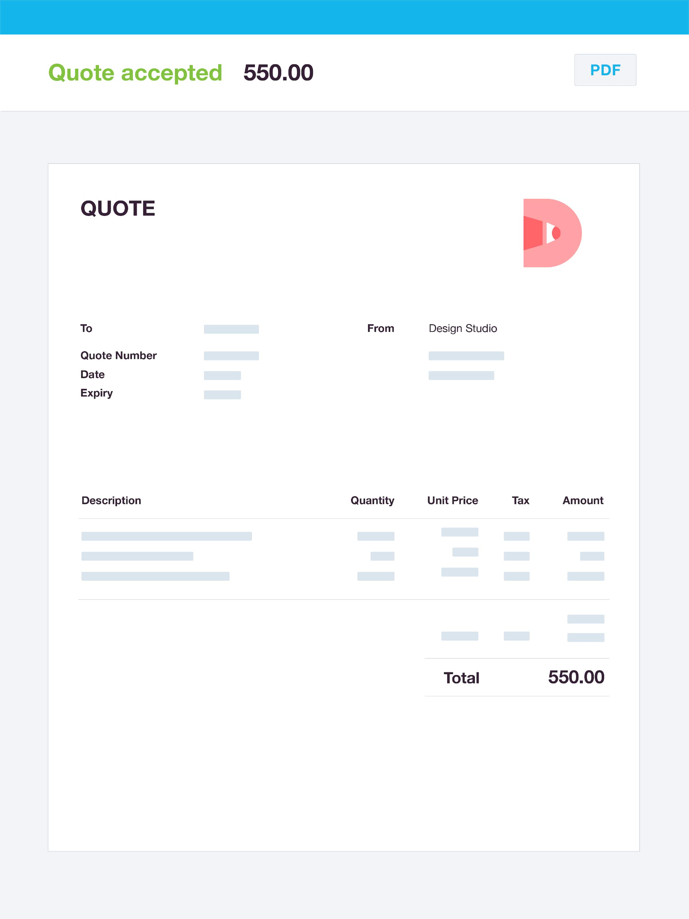 An online quote with Xero’s accounts receivable tracking software clearly presents the amount and other key information.